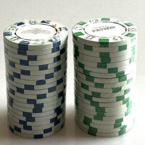 NEW PATRON TEQUILA POKER CHIPS BLUE AND GREEN BEE AND PATRON LOGO FACTORY SEALED